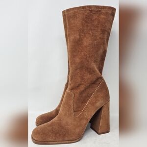 Zara Women's Retro Corduroy Block Heel Mid Calf Brown Boots Size US 7.5 EUR 38
